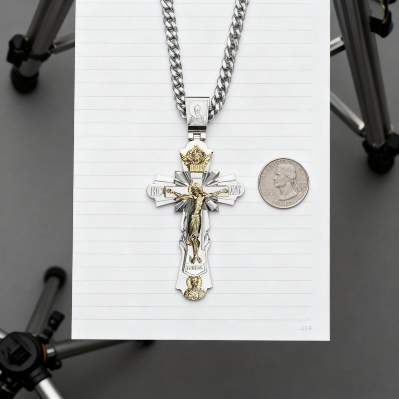 Gold-Plated Copper Crucifix Pendant with Jesus Christ and Religious Figures