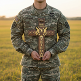 Hand-Carved Beechwood Veteran Cross Wall Plaque | USA Eagle | Proudly Served | Military Gift