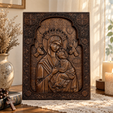 Our Lady of Perpetual Help Wood Art - Hand-Carved Catholic Gift - Mother Mary Comfort Figure