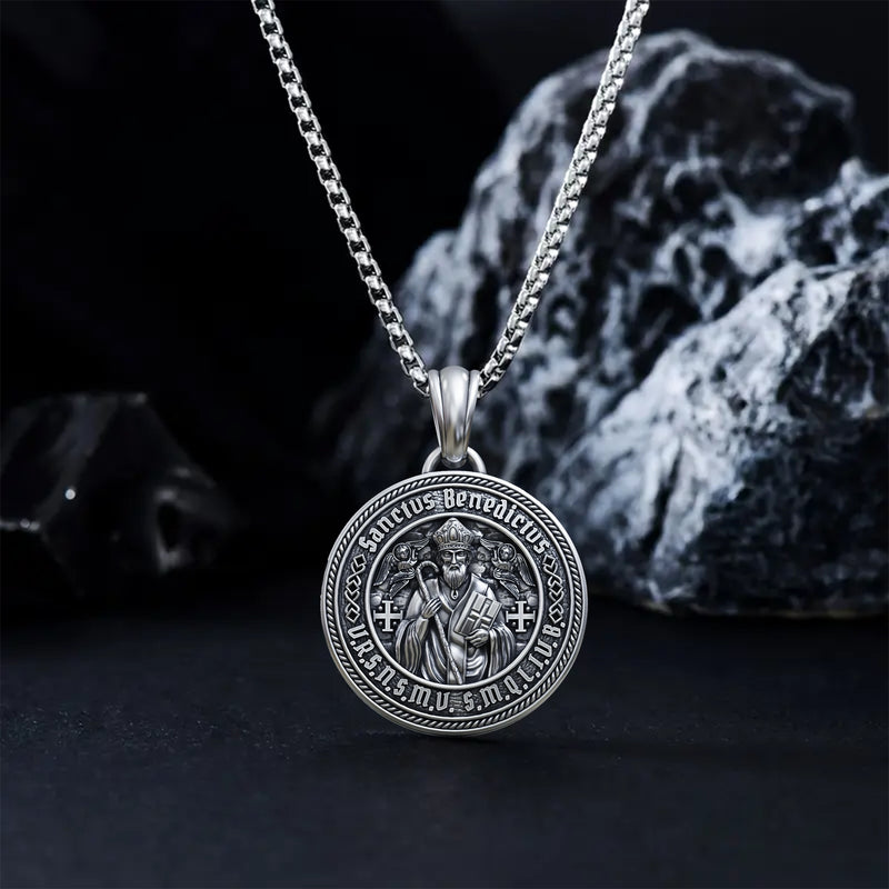 St. Benedict S925K Silver Double-Sided Engraved Amulet Pendant