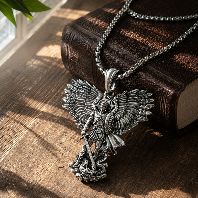 Saint Michael pendant beside a leather Bible in natural sunlight