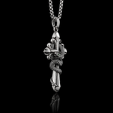 S925 Silver Serpent Cross Pendant Necklace with Green Gemstone