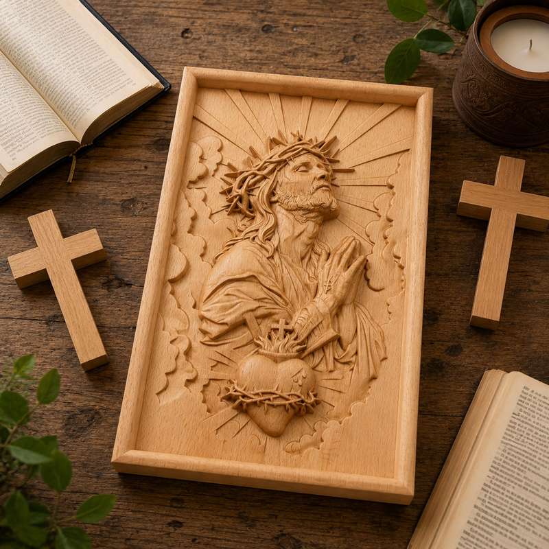 Natural wood Sacred Heart of Jesus carving displayed with Bible and wooden crosses