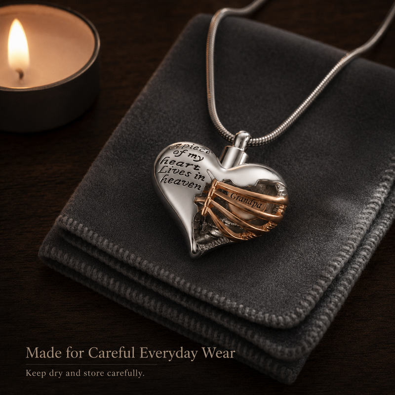 Memorial heart necklace resting on a soft polishing cloth beside a candle