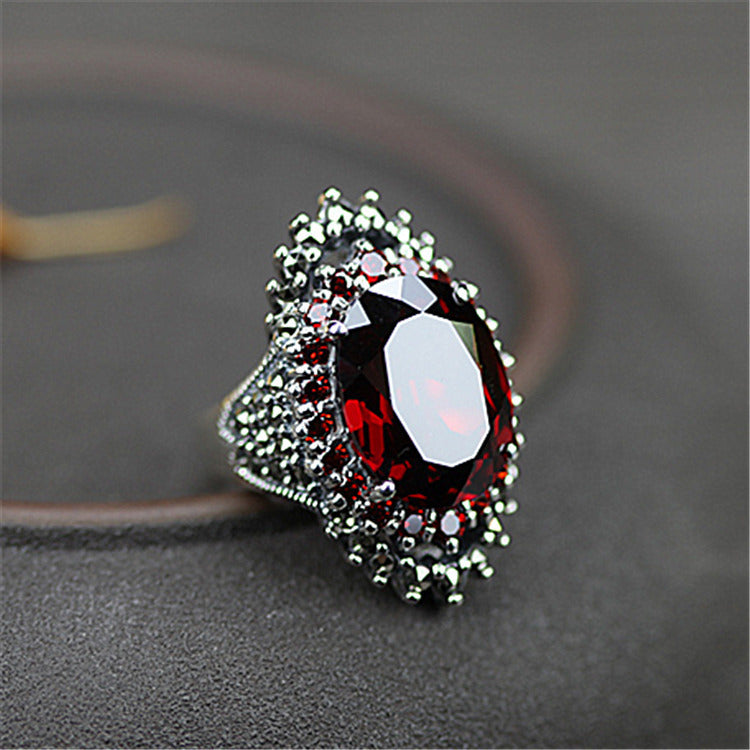 Vintage Thai Silver Large Gemstone Ring Red Pomegranate Jewelry Exaggerated Black Mine Ring