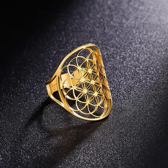 Cutout Flower of Life Mandala Ring for Women Sacred Geometry Ring Statement Stainless Steel Hollowed Out Adjustable Band Ring Jewelry