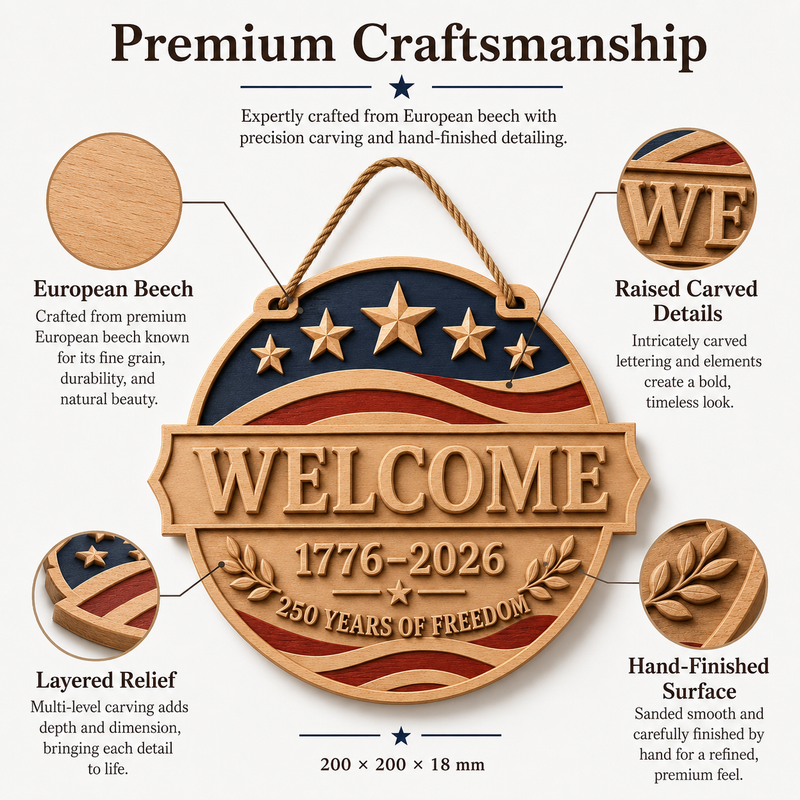 Premium craftsmanship details of European beech patriotic wooden welcome sign