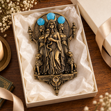 Triple Hecate Wall Sculpture – Antique Bronze Goddess Decor with Blue Orb Accents