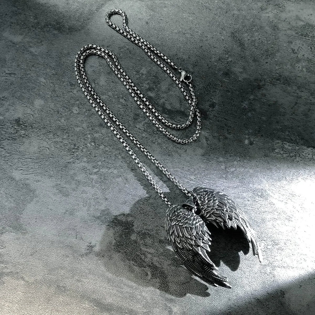 Vintage Men's Stainless Steel Angel Wings Biker Pendant Necklace – 22 Chain, Silver & Black, Unbranded
