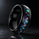 Black Tungsten Ring with Crushed Opal Inlay, 8mm Galaxy Star Dome Band, Meteorite Texture Wedding Band, Unique Promise Ring Gift for Men & Women