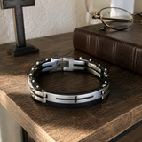 Two-Tone Black Silver Inlaid Black Crystal Cross Heavy Stainless Steel Link Bracelet