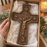 Hand-Carved Beechwood Saint Benedict Protection Crucifix – Christian Wall Cross