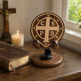 Black Walnut St. Benedict Cross Phone Stand Foldable and Adjustable Christian Desktop Stand for Christian home decor and prayer spaces