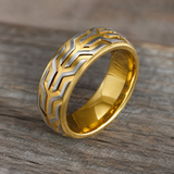 Two-Tone Tire Tread Pattern Mens Stainless Steel Band Ring
