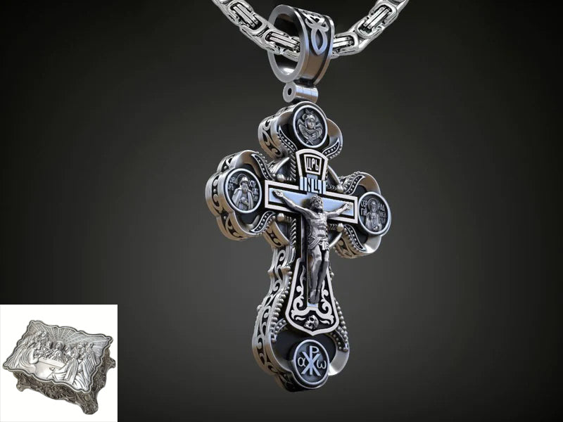 Jesus Virgin Mary Trinity Double Sided Engraved S925K Silver Cross Necklace