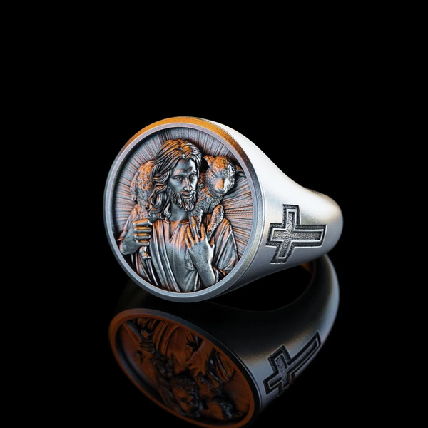 Steel and Titanium Jesus Shepherd Ring