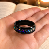 Black Tungsten Ring with Crushed Opal Inlay, 8mm Galaxy Star Dome Band, Meteorite Texture Wedding Band, Unique Promise Ring Gift for Men & Women
