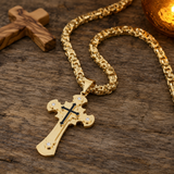 Heavy‑Duty Gothic CZ Inlay Cross Byzantine Chain Pendant Necklace