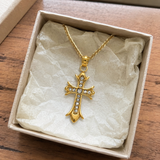 Full Inlaid CZ Gothic Fleur-de-lis Cross Stainless Steel Necklace