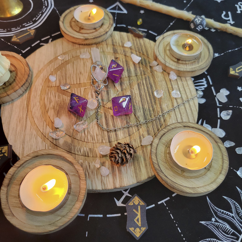 Pentagram Wooden Disc Candle Holder DIY Tarot Decoration Crystal Accessories