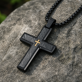 Two-Tone Bevel Edge Carbon Fiber Textured Inlaid Tiny Cross Stainless Steel Necklace