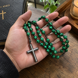 Green Malachite-Style Bead Christian Cross Prayer Rosary Necklac