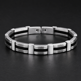 Men's Black‑Silver Striped Titanium Steel Bracelet, Geometric Textured Link Wristband, Rugged Business Men Jewelry