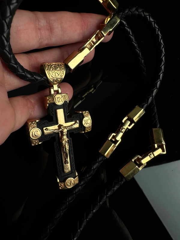 Gold-colored Braided Leather Cord Crucifix Necklace