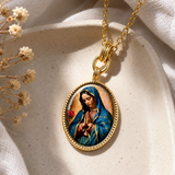 Our Lady of Guadalupe Gold-Tone Oval Pendant Necklace – Double-Sided Virgin Mary Christian Jewelry
