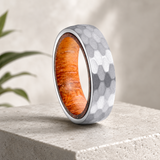 Hammered Titanium Steel Ring with Natural Wood Inner Liner, 6mm Vintage Domed Band, Rustic Wooden Inlay Wedding Promise Ring for Men & Women