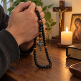 Black Stone & Wood Bead Crucifix Rosary Necklace – 70cm Christian Prayer Rosary