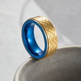 Two-Tone Hammered Titanium Steel Ring, Gold Exterior & Blue Inner Band, 8mm Wide Comfort Fit Wedding Band, Unique Promise Ring for Men