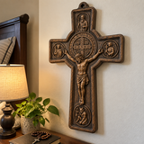 Hand-Carved Beechwood Saint Benedict Protection Crucifix – Christian Wall Cross