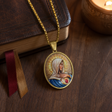 Enamel Immaculate Heart Virgin Mary Oval Gold Stainless Steel Necklace