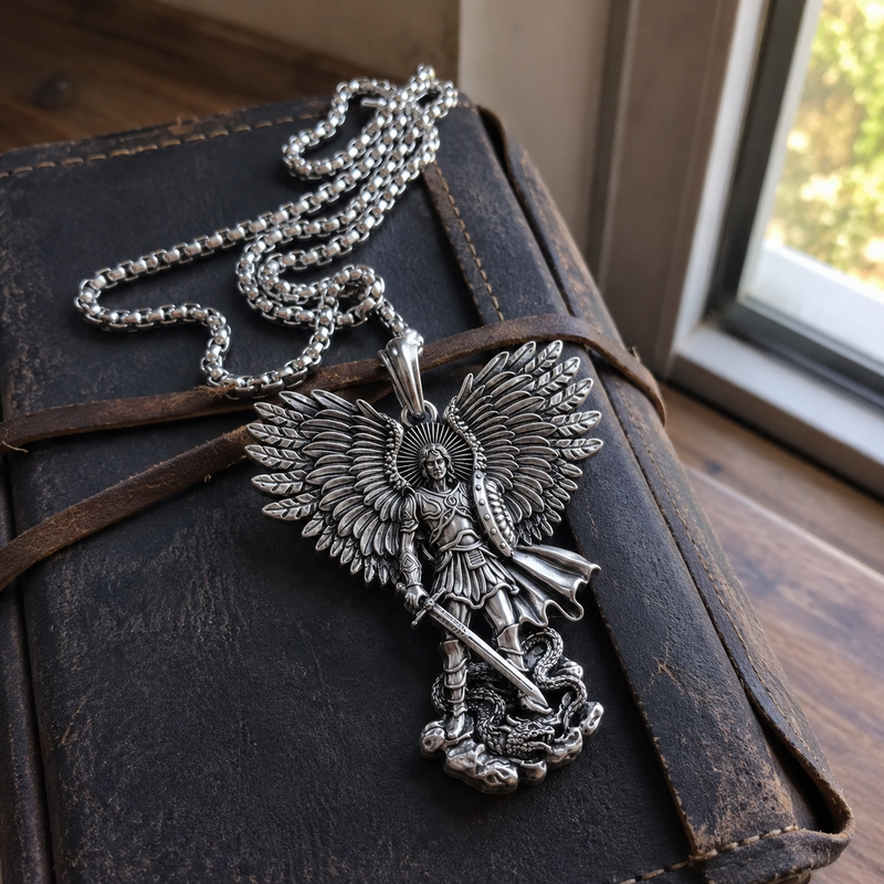 Saint Michael silver pendant beside a Bible near a window