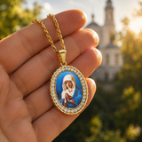 Iced Oval Praying Virgin Mary Portrait Pendant Necklace, 316L Stainless Steel Gold Plated Our Lady Medal Necklace With Rope Chain Religious Jewelry