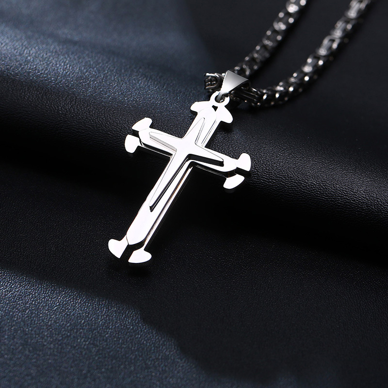 Stainless Steel Cross Byzantine Chain Pendant Necklace