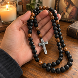 Black Stone & Wood Bead Crucifix Rosary Necklace – 70cm Christian Prayer Rosary
