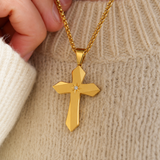 Faceted Eight Point North Star CZ Inlay Stainless Steel Cross Necklace