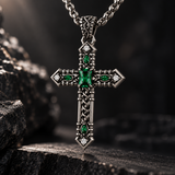 Vintage Green Stone Cross Pendant Necklace for Men