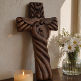 Holy Family wood icon decoration, Joseph, Mary, Baby Jesus, carved wooden cross, wall decoration