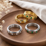 6mm Grooved Square Green CZ Rotatable Spinner Stainless Steel Ring