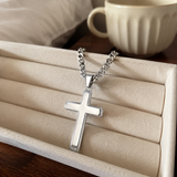 Minimal Polished Stainless Steel Cross Necklace, Classic Plain Cross Pendant with Cuban Chain, Religious - Christian gift presentation