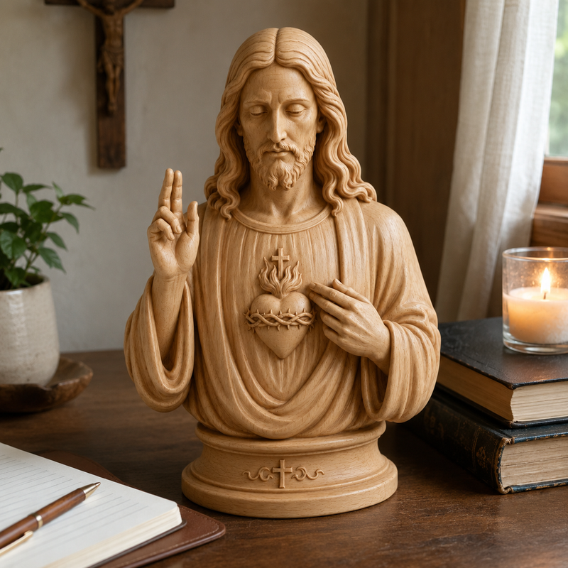Cypress wood Sacred Heart of Jesus carving details