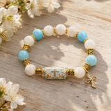 Chalcedony Cross Beaded Bracelet, Vintage Religious Printed Tube Bead Faith Jewelry for Women