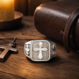 Triple Sides Embossed Cross Hammered Texture Stainless Steel Men’s Signet Ring