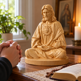 Hand-Carved Beechwood Sacred Heart of Jesus Prayer Statue