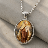 3D Raised Enamel Our Lady of Mount Carmel Oval Stainless Steel Necklace