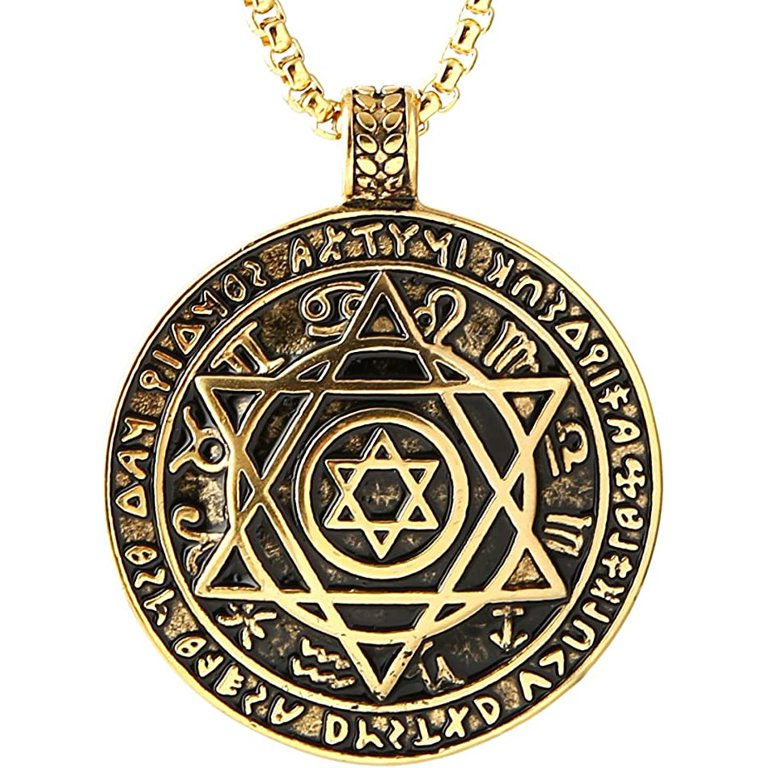 Amulet seal Solomon hexagram 12 signs of the zodiac pendant stainless steel necklace