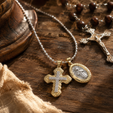 Two Charms Necklace, Iced Cross & Miraculous Medal Pendant, 316L Stainless Steel Religious Ball Chain Jewelry